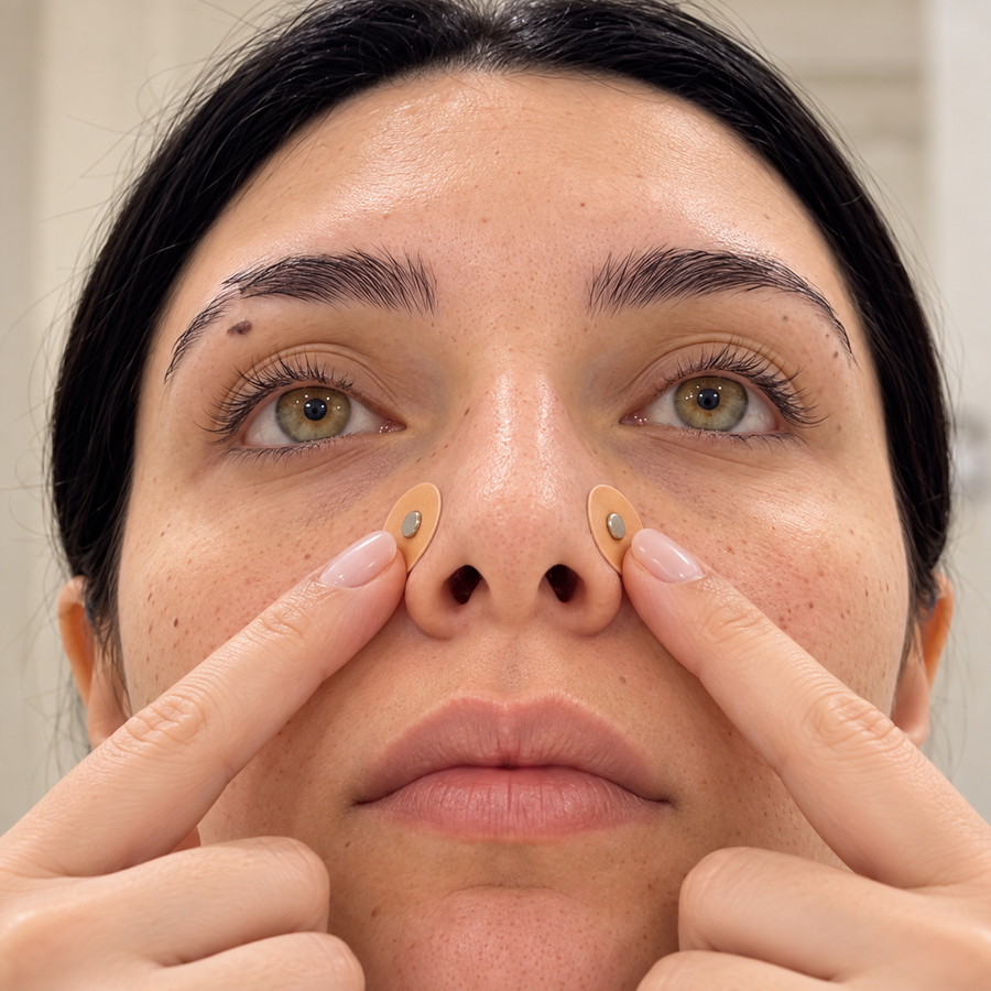 Applying one adhesive patch to each side of the nose